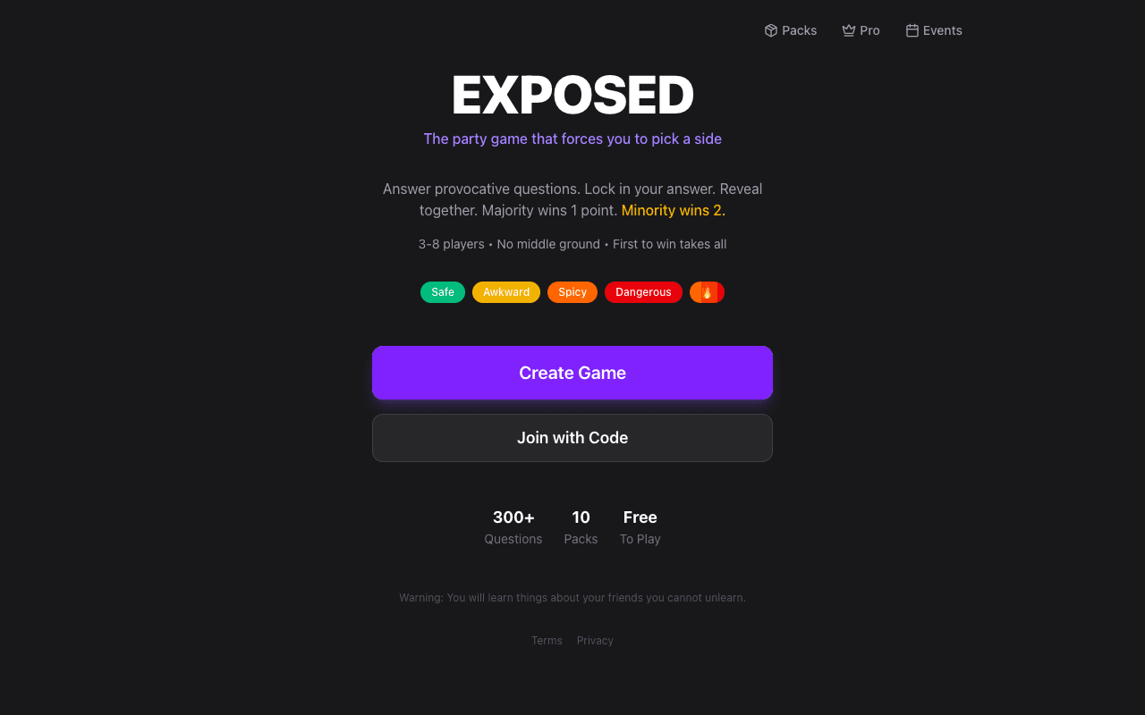 Play Exposed homepage — the party game that forces you to pick a side